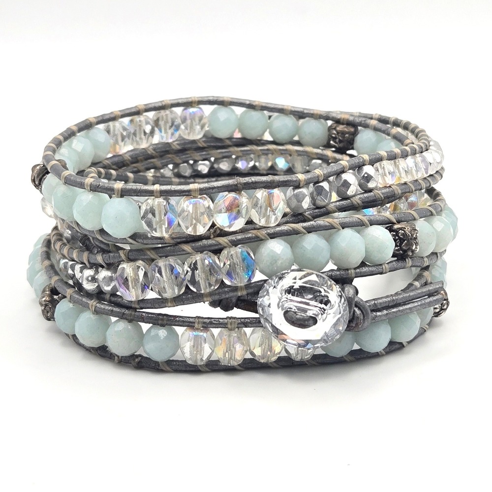Amazonite AB Crystal Grey Leather Multi Wrap Bracelet Boho Beaded Button Closure